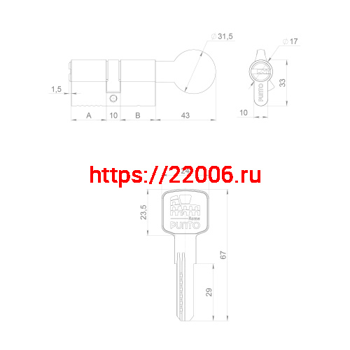 Цилиндровый Punto (Пунто) механизм Z3002Knob100(50+10+40) с вертушкой CP хром фото 3 Цилиндровый Punto (Пунто) механизм Z3002Knob100(50+10+40) с вертушкой CP хром фото 3