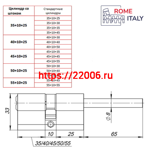 Цилиндровый Punto (Пунто) механизм Z3007Tang85(50+10+25) со штоком CP хром фото 2